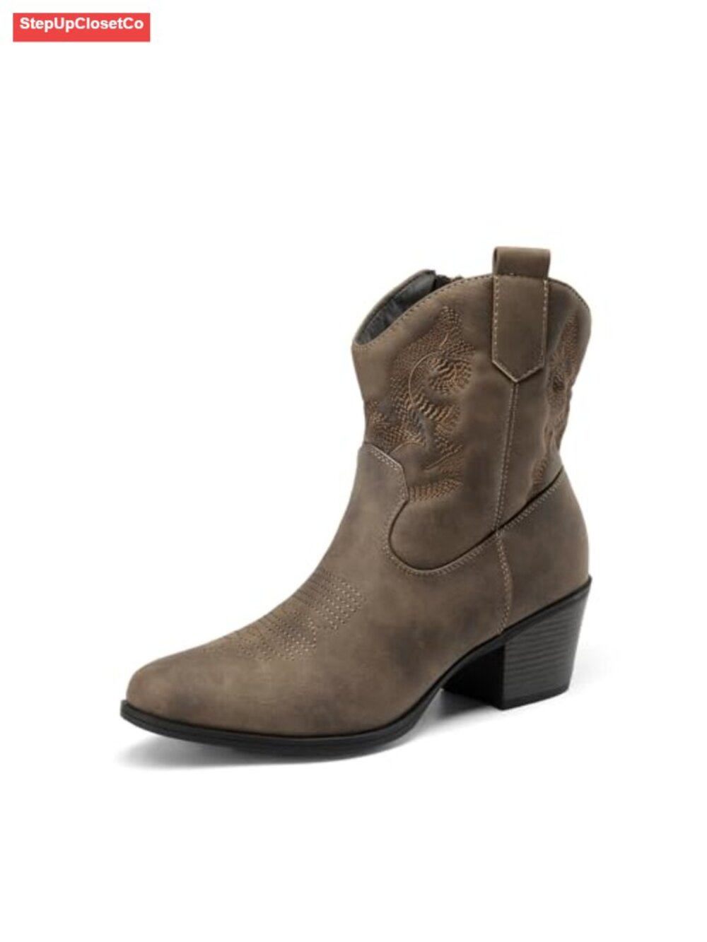 Faux Leather Western Ankle Booties Embroidered Cowgirl Low Heel